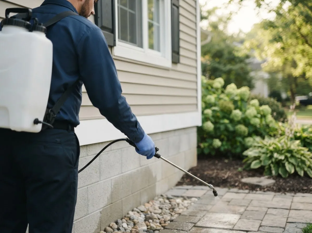 Pest control technician inspecting a home in Carney, OK